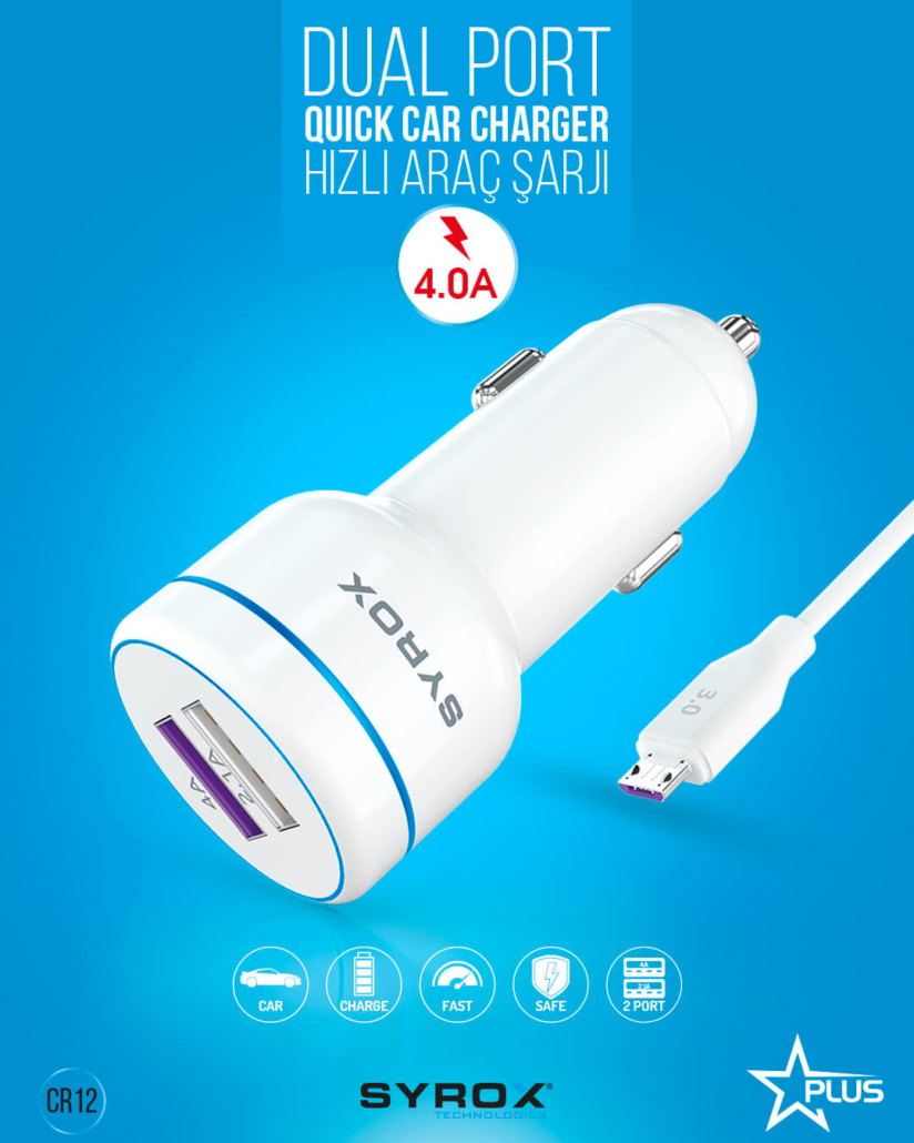 SYROX DUAL USB PORT CAR CHARGER 4.0A CR12