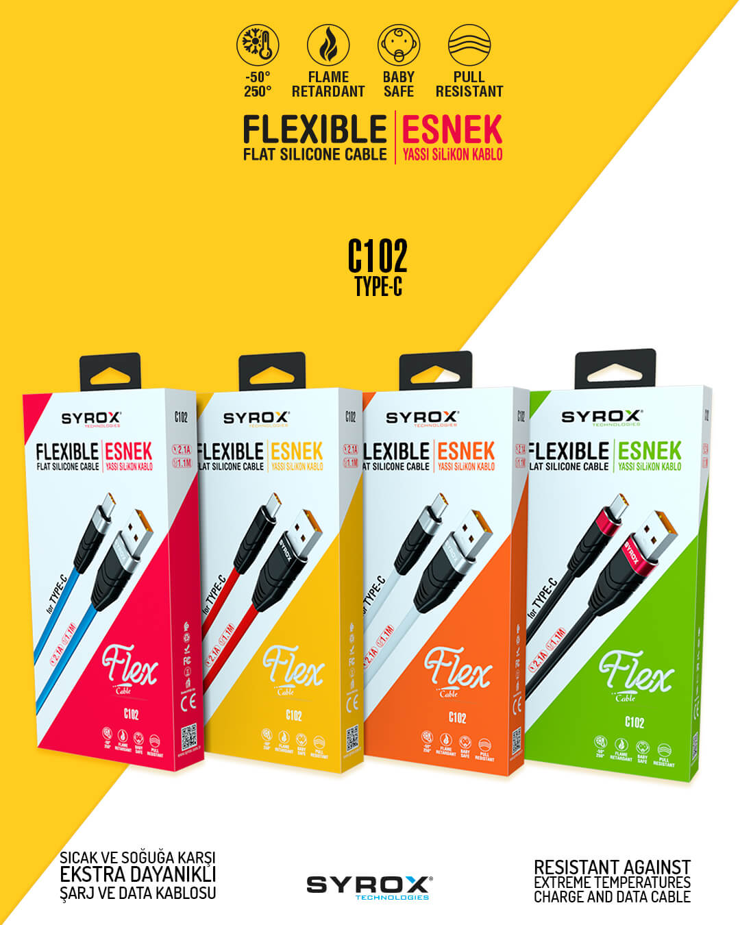 SYROX FLEXIBLE FLAT SILICONE MICRO USB CHARGE AND DATA CABLE